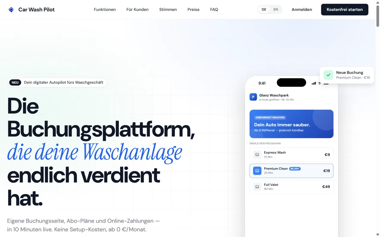 Startseite von Car Wash Pilot: links die Überschrift „Die Buchungsplattform, die deine Waschanlage endlich verdient hat“, rechts eine Handy-Ansicht mit drei Waschprogrammen und Preisen